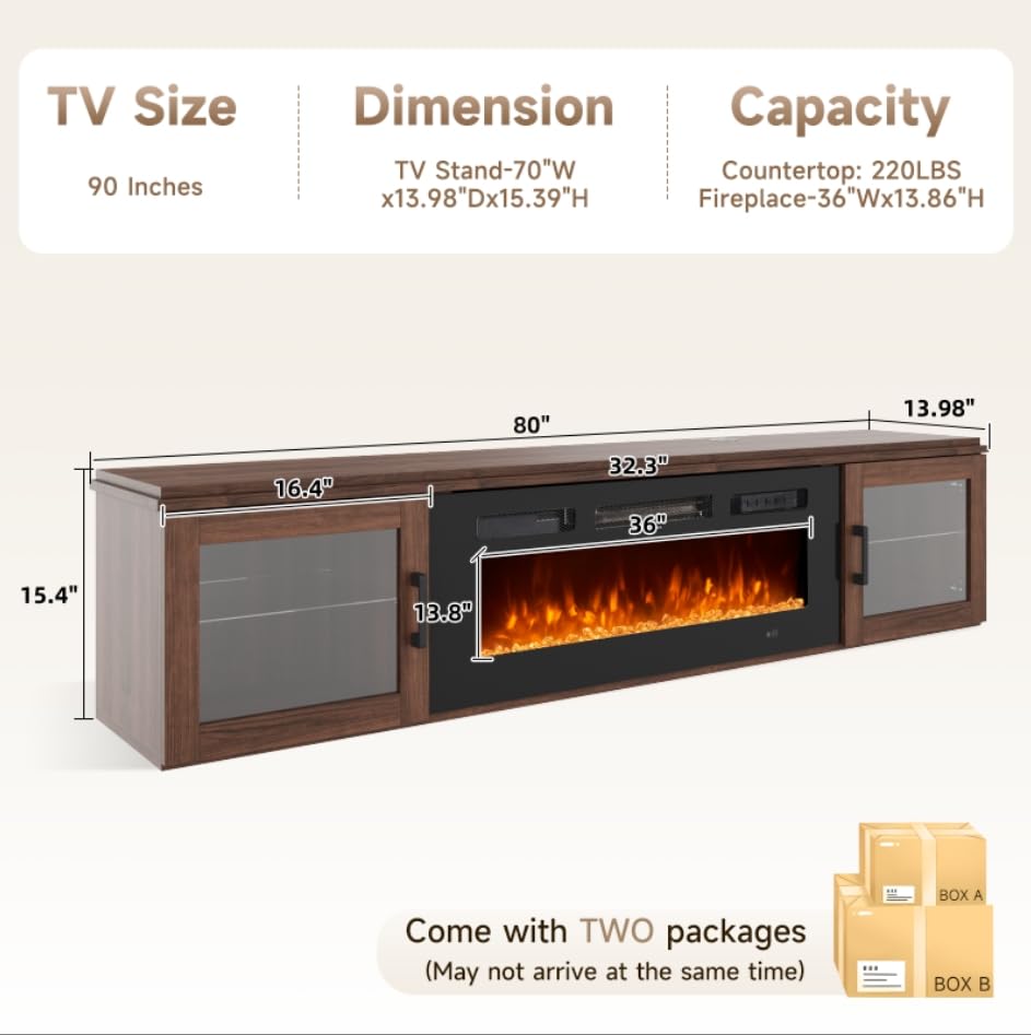 Image of 80 inch Floating TV Stand with Fireplace WI-FI Enabled, High Gloss Finish Wall Mounted Fireplace Entertainment Center with Storage for TVs Up to 90 inch, Brown