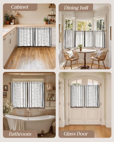 Image of Miss Adola Boho Kitchen Curtains - 36 Inch Length Linen Blend Modern Striped Cafe Curtains Tassels Tier Curtain Short Drapes Rod Pocket for Bathroom Living Room Windows Light Filtering, 2 Panels