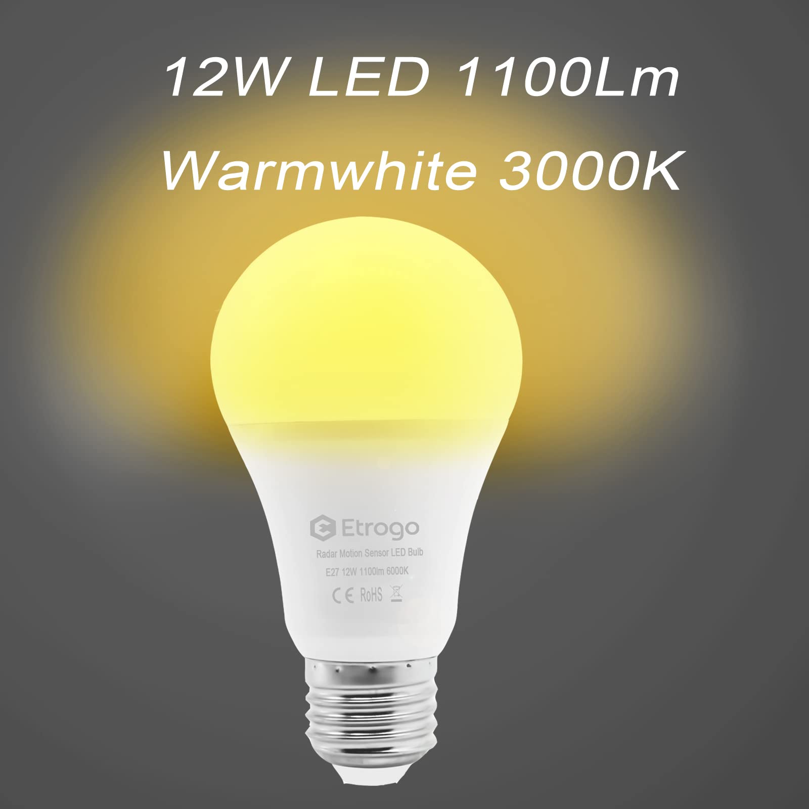 Etrogo Żarówka LED z czujnikiem ruchu, E27, 12 W1100M, ciepła biel, 3000K, z radarem, czujnikiem ruchu i czujnikiem zmierzchu, automatyczne włączanie/wyłączanie (2 sztuki)
