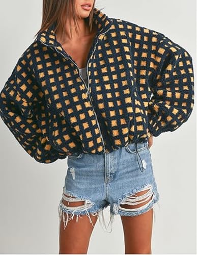 Seyurigaoka Women Checkered Sherpa Jacket Cropped Fleece Plaid Jackets Long Sleeve Zip Up Fuzzy Coat Casual Teddy Outerwear2
