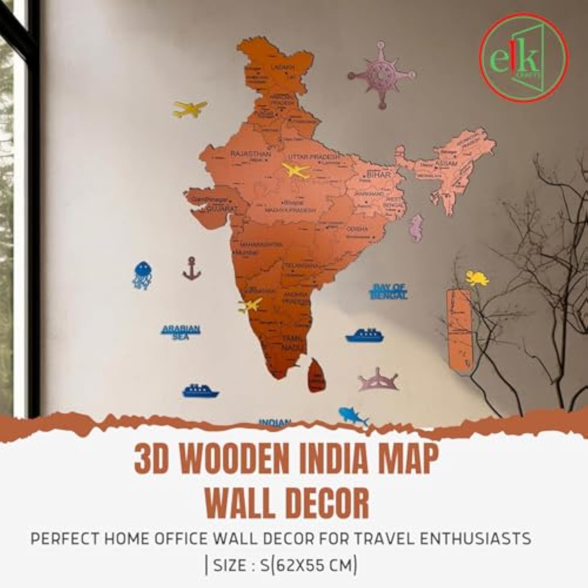 3D Wooden India Map Wall Decor, Metallic Copper Finish