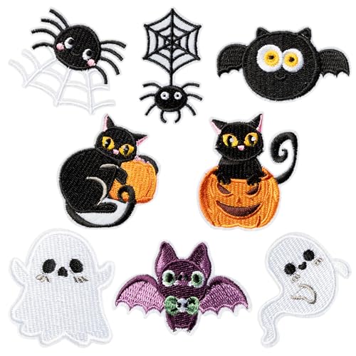 8 Pcs Cute Halloween Iron on Patches Ghost Bat Spider