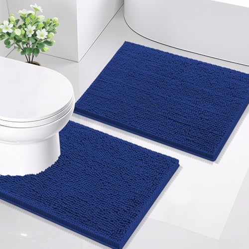 Image of Smiry Bathroom Rugs Set 2 Piece, Soft Absorbent Chenille Bath Mat and U-Shaped Toilet Rug Set, Non Slip Shaggy Bath Carpet for Tub, Shower and Floor (24x16+24x20, Royal Blue)