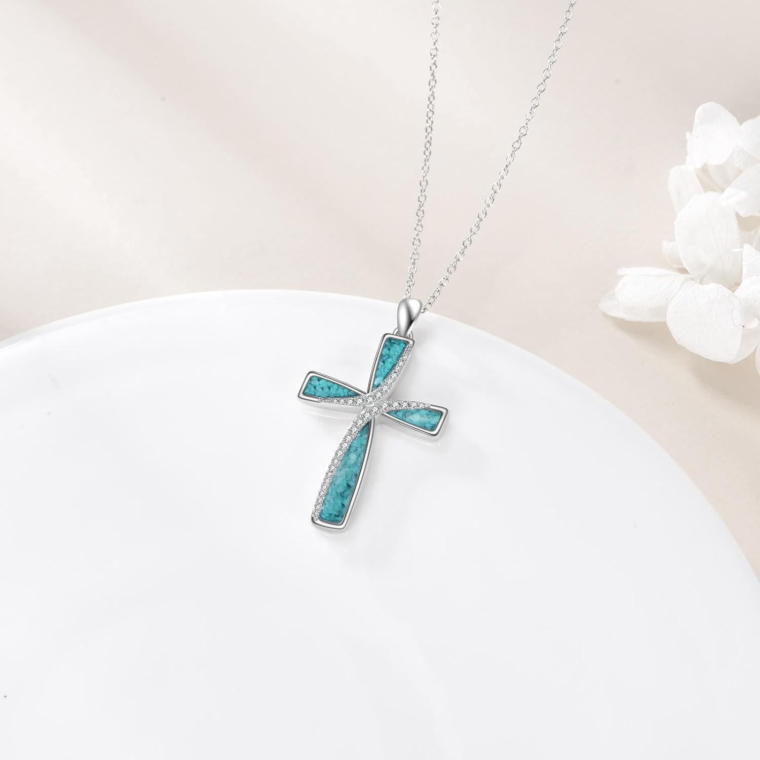 YAFEINI Turquoise Cross Necklace S925 Sterling Silver Cross Pendant Necklace Green Stone Gifts for Women Female Mom Religious Jewelry - Image 3