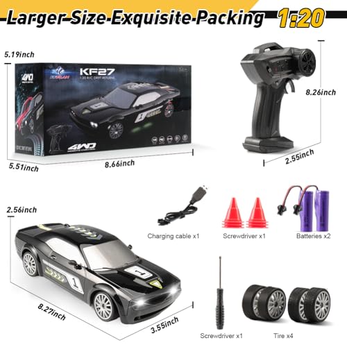 jaming KF27 Remote Control Car,RC Cars for Kids,1:20 4WD RC Drift Car with LED Lights, High-Speed Competitive 2.4G Cars for Drift and Race, Children's Gifts and Toys(Black 2-Battery)