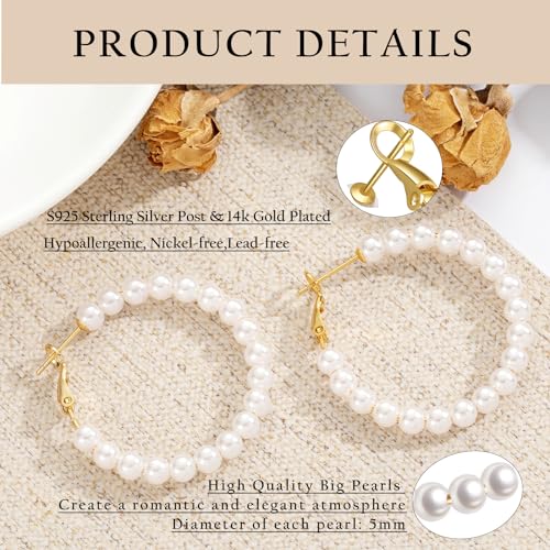 5MM Thick Pearl Hoop Earrings for Women, Lightweight Pearl Earrings with 925 Sterling Silver Post, Hypoallergenic Pearl Hoop Earrings 20/30/55MM…3