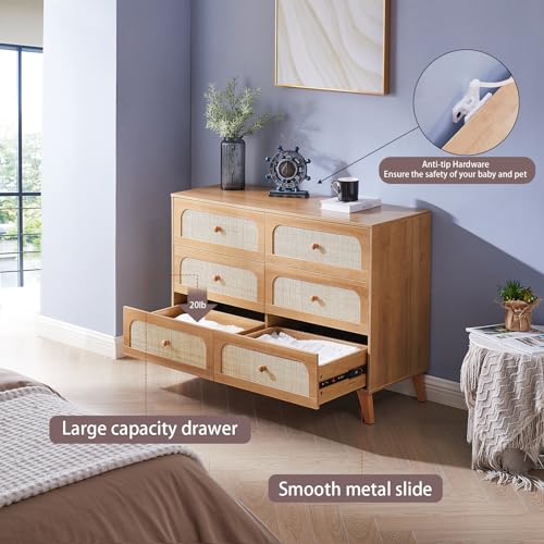GANLLY Rattan 6 Drawer Dresser for Bedroom, Natural Wood Dresser with Deep Drawers, Wooden Chest of Drawers for Closet with Wide Top, for Living Room, Hallway, Kids Room,Natural - Image 5