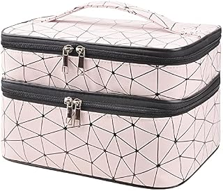 MKPCW Makeup Bag Double-Layer Cosmetic Bag with Brush Bag and Divider (Pink)