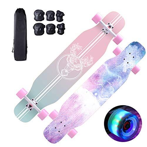 Skateboard Longboard 43 'x 10' Komplettes Skateboard mit LED-Leuchträdern, 8 Lagen Maple Wood Deck Skateboard mit Schutzausrüstung für Kinder, Jugendliche und Erwachsene (Pink)