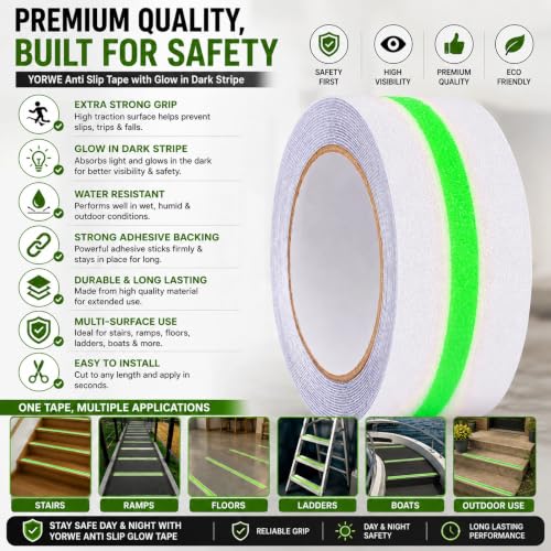 Image of YORWE Anti Slip Stair Tape with Glow in the Dark Strip - Heavy Duty Waterproof Non Slip Traction Tape for Stairs, Steps, Outdoor & Indoor Safety (White and Green, 15 Meter)