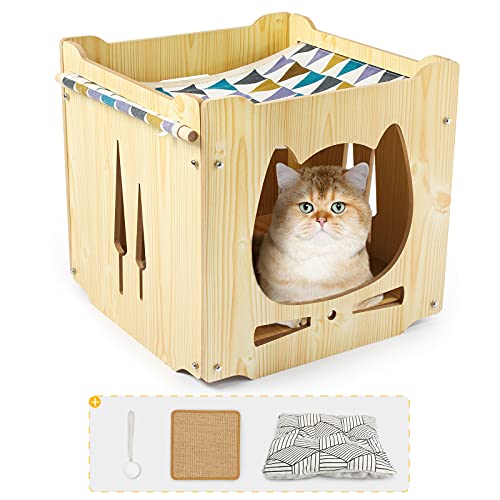 Todeco Maison pour Chat en Bois, Niche Chat Bois Double Couche avec Hamac, 34x34x34cm, avec Planche à Gratter & Balle pour Chat & Coussin, pour L'intérieur ou L'extérieur Petit Chien et Chats