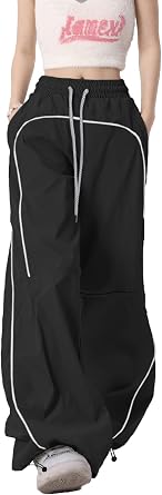 Parachute Pants for Women,Baggy Fit Cargo Pants with Pockets,Y2K Elastic Waist Streetwear Women Track Pants
