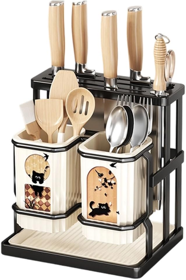 Retro Aesthetic Cutter Block Chopstick Holder Integrated Design Sturdy Plastic Construction For Modern Small Kitchen Organization