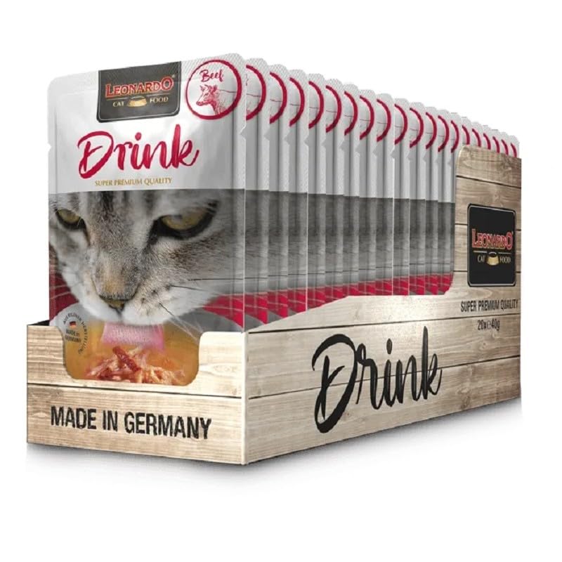 Leonardo Drink Beef [20x40g Paquete múltiple Drink con Ternera] Bebida para Gato | Caldo de Carne con Tiras | Alimento complementario para Gatos