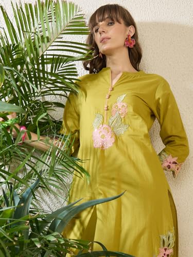 Image of INDO ERA Women's Pure Cotton Floral Embroidered Straight Kurta & Pant Set (IESTR11932)