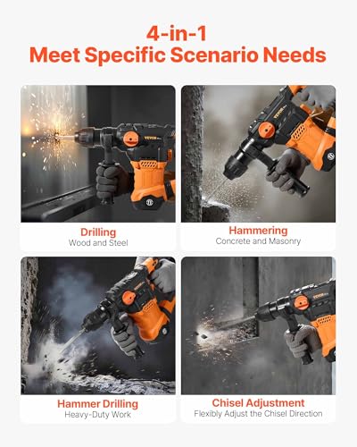 Image of VEVOR 1-1 /4 Inch SDS-Plus Rotary Hammer Drill, 13 Amp Corded Drills, Heavy Duty Chipping Hammers w /Vibration Control & Safety Clutch, Electric Demolition Hammers Variable Speed, Power Tool For Concret