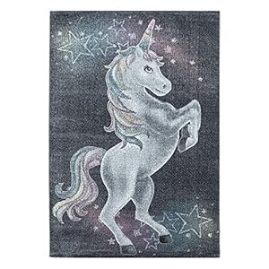 Muratap Vloerkleed Unicorn Eenhoorn Baby Vloerkleed Kinderkamer Grijs – Laagpolig Tapijt Kinderkamer Babykamer Speelkamer Speelkleed Sterk en Waterafstotend Kleed – Maat: 150×80 cm