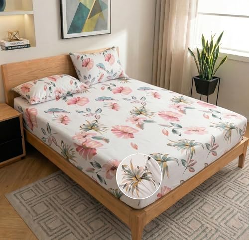 Image of VAS COLLECTIONS Cloud Cotton Corner Elastic Fitted Double Bedsheet Set (78 x 72 + 8 Inches) with 2 Pillow Covers | 160-180 TC Soft Breathable Cotton Fitted Sheet | Bed Sheet (Rose Petal Garden)
