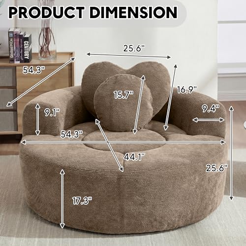 Image of Oversized Round Chair Lounge Chaise Indoor, 54.3 inch Upholstered Corduroy Deep Seat Single Cloud Sofa Chair with Heart-Shaped Pillow Modern Large Circle Boneless Couch for Living Room, Brown