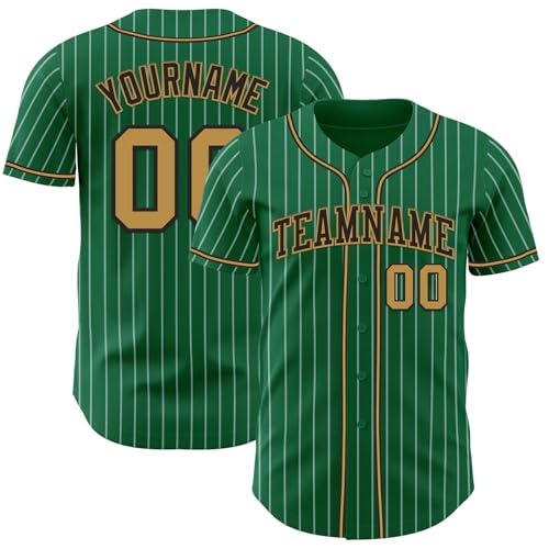 Custom Kelly Green White Pinstripe Baseball Jersey Button Down Softball Team Uniforms with Stitched Old Gold Black Name Number Logo for Men Women Youth, Design Personalized Sports Short Sleeve T-Shirt