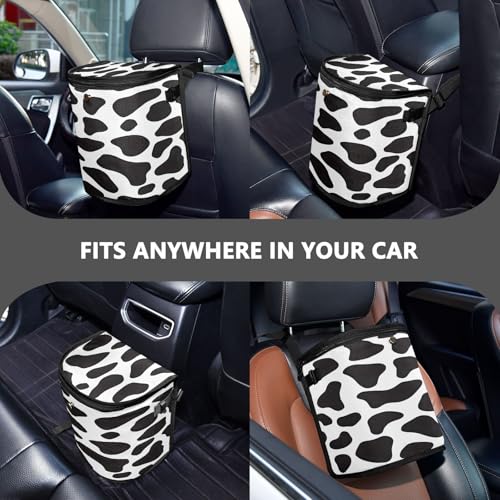 Image of Bolaz Black and White Cow Print Waterproof Car Trash Can Leak Proof Car Trash Bag with Lid Car Garbage Can for Headrest SUV Truck
