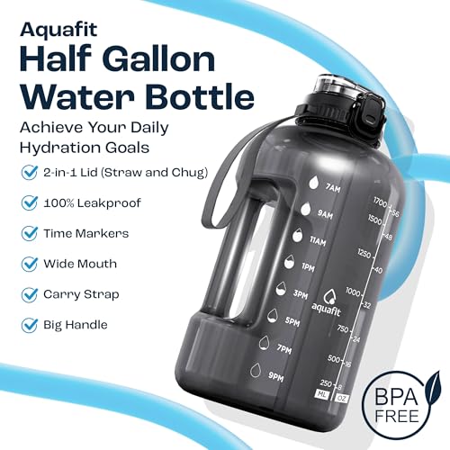 Image of AQUAFIT Half Gallon Water Bottle with Time Marker - Straw & Chug Lid - BPA Free Gym Water Bottle with Straw - Big Gallon Jug (Gray, 64 oz - 2in1 Lid)