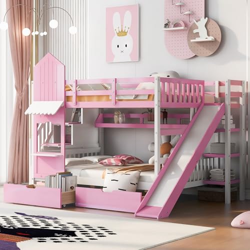 Harper & Bright Designs Full Over Full Bunk Bed with Stairs and Slide, Solid Wood Bunk Bed Frame with Storage Drawers and Bookshelf, for Kids Teens Adults- Pink