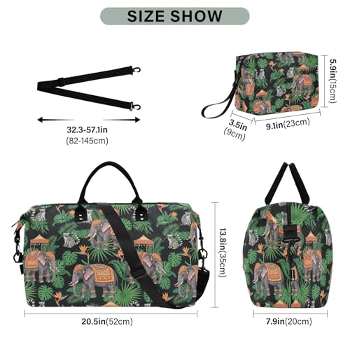 Elephant Lemur Leaves Travel Duffel Bag for Men Women with Makeup Bag Weekend Overnight Carry On Bags for Travel Yoga Gym3