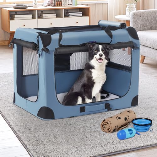 Petprsco Tragbare Hundebox, zusammenklappbare Hunde-Reisebox, 81 x 58 x 58cm, mit weicher Decke, Faltbarer Schüssel und einem Kotbeutel mit Spender für mittelgroße und große Hunde