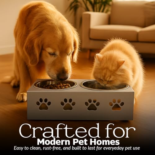 Image of Metal Silver Stylish Dog Bowl Stand | 2 Stainless Steel Bowls for Raised Dogs & Cats | Elevated Dog Food Removable Bowls | Pet Feeder & Water Dispenser for All Breeds Paw Design (Set of 2, each 900ml)