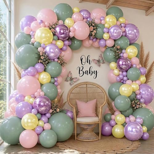Image of Green Pink Balloon Arch Kit Double Stuffed Light Purple Lavender Yellow Pearl Balloon Garland for Wildflower Baby Shower Pastel Birthday Gender Reveal Tea Party Decorations