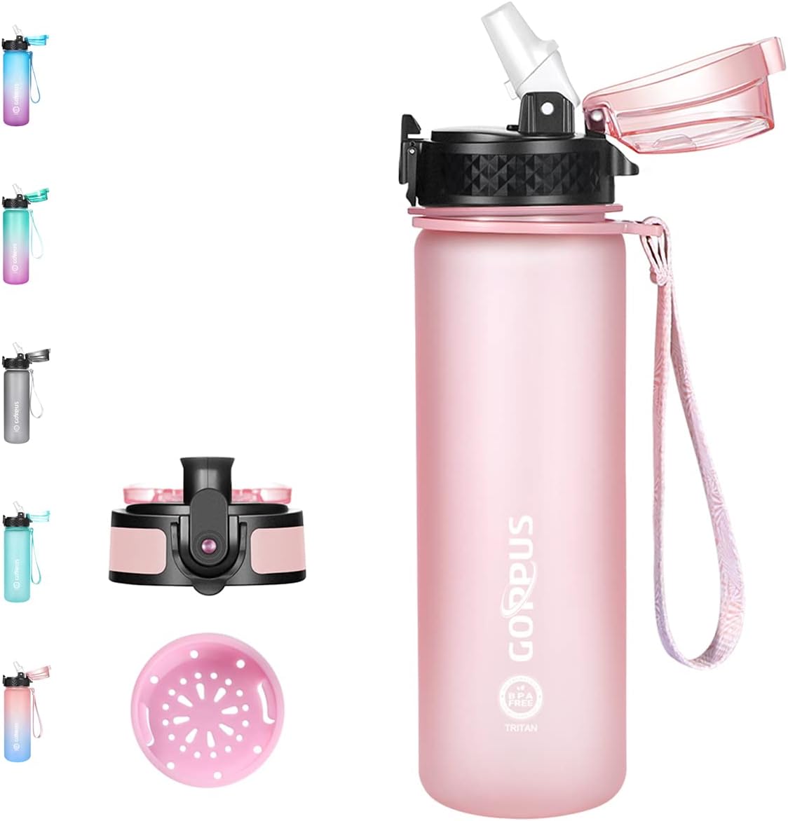 GOPPUS 500ml/17oz Kids Water Bottles with Straw Tritan Childrens Bottle with Flip Top Lid BPA Free Measured Drinks Bottle with Strap Sports Reusable Time Markings Leakproof (Pink)