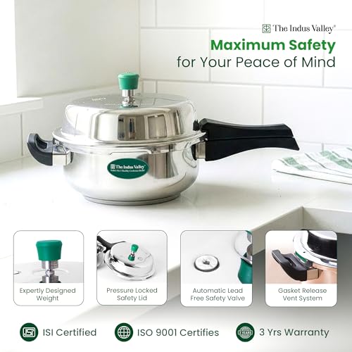 Image of The Indus Valley Stainless Steel Pressure Cooker 5Litres / Pressure Pan (Outer Lid) | Induction Friendly | Gas Compatible | Can Be Used as Frying Pan | ISI Certified | 3 Years Warranty
