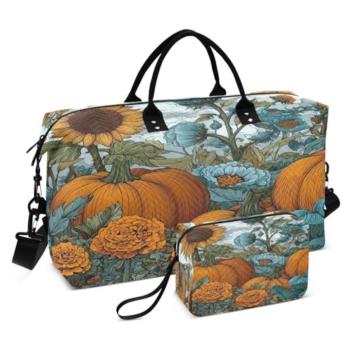 Fall Sunflower Pumpkin Marigolds Travel Duffel Bag for Men Women with Makeup Bag Weekend Overnight Carry On Bags for Travel Yoga Gym