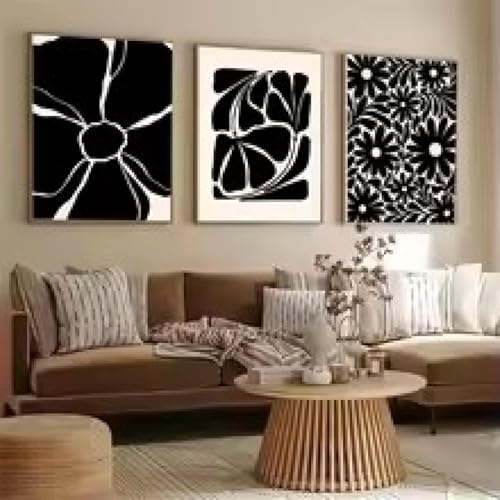 Tableau abstrait motif floral retro noir et beige avec cadre elegant 70 x 90 cm