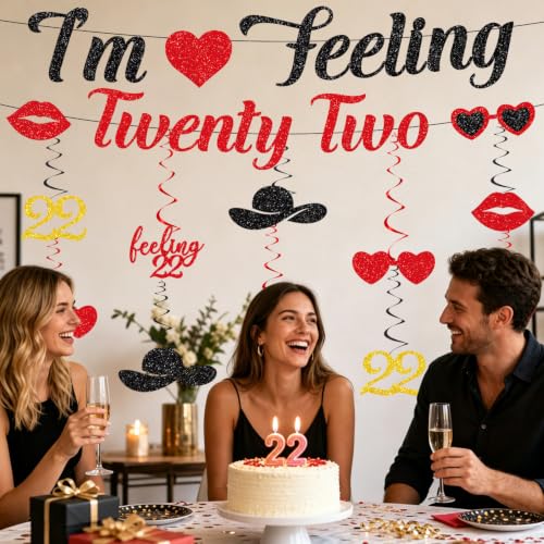 Image of 22nd Birthday Party Decorations for Girls Women, I'm Feeling Twenty Two Glitter Banner with Hanging Swirls Decorations, Singer Themed Girls 22 Years Old Birthday Decor Supplies