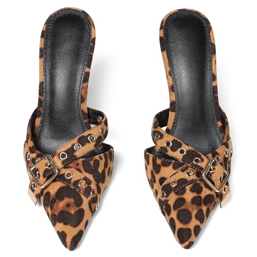 AMINUGAL Mules Heels for Women Pointed Closed Toe Kitten Heels Pumps Buckle Slip On Mules Studded Pointy Stiletto Heels Party Dress Vintage Pumps Pointy Kitty Heels for Women2