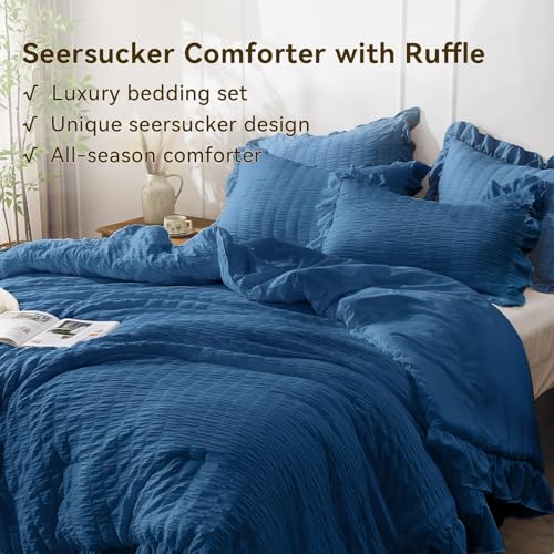 JOLLYVOGUE Teal Queen Comforter Set, 3 Pieces Seersucker Comforters Queen Size, Lightweight & Fluffy Bedding Sets Queen for All Season with 1 Ruffle Comforter and 2 Ruffle Pillowshams