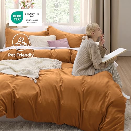 Image of Bedsure Honey Ginger Duvet Cover Full Size - 3 Pieces Prewashed Extra Soft Cotton-Like Bedding Set, Includes 1 Duvet Cover 80x90 Inches with Zipper Closure & 2 Pillow Shams, Comforter Not Included