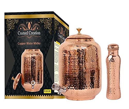 Custeel Creation Traditional Fiber Hammered -Copper Water Dispenser - Container Pot Matka with Matching Hammered Bottle -1 Copper Tank - 1 Copper Bottle