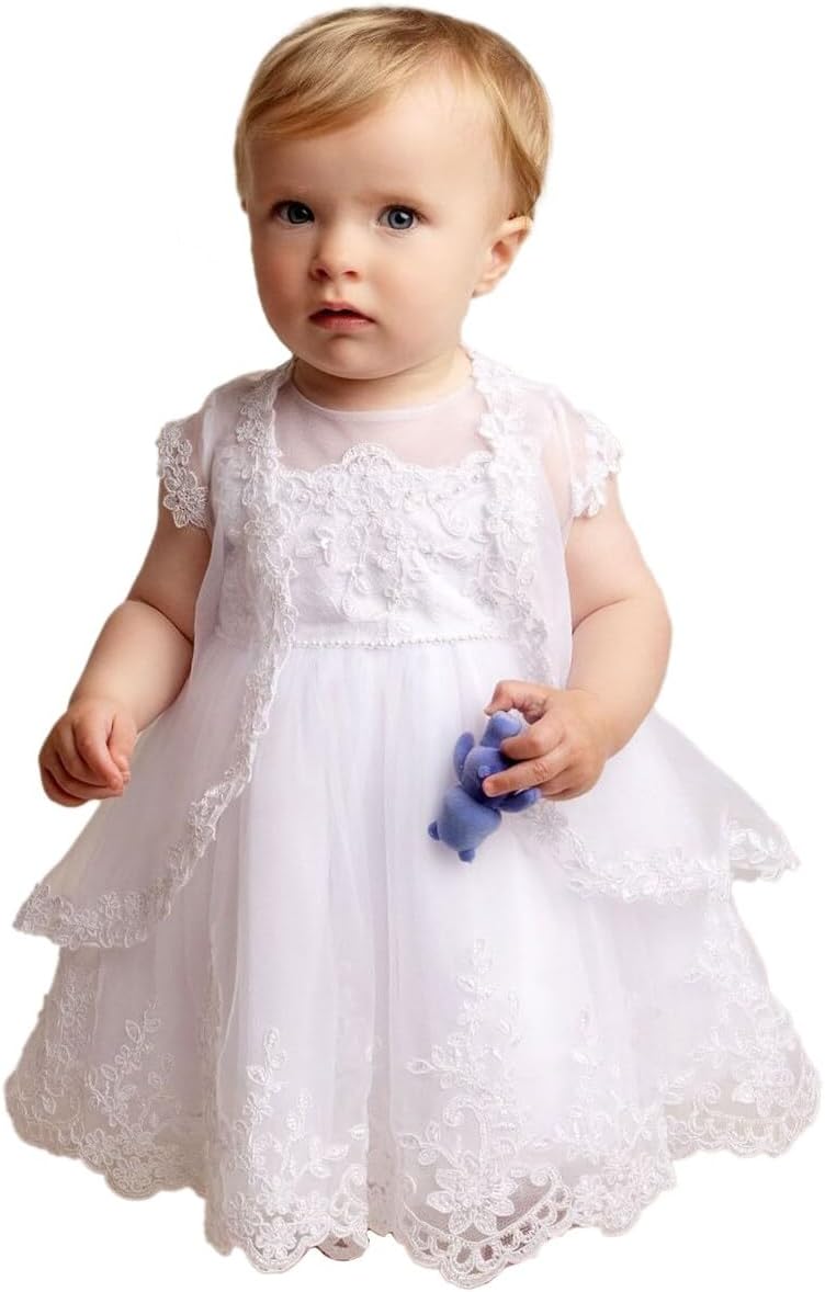 Elegant Baby Girls White Lace Christening Dress Set - Baptism Outfit 0-24 Months