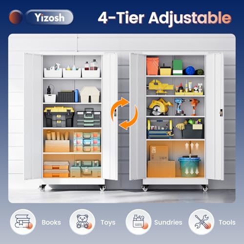 Image of Yizosh Metal Garage Storage Cabinet with Locking Doors and Adjustable Shelves,- 75 inch Rolling Steel Tool Cabinet for Home Office,Garage,Warehouse