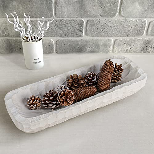 Wooden Decorative Dough Bowl For Home Decor, Long Dough Bowl With Hand Carved Irregular Texture, Unique Table Centerpieces, Home Decor Accents For Farmhouse Boho Rustic Style(16.1"X 5.5" Washed White) #TOP6