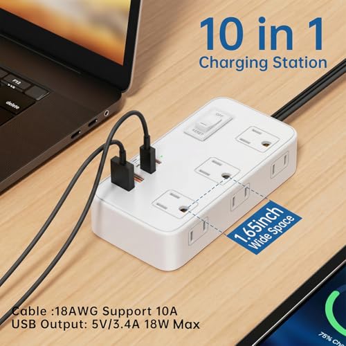 Extensión eléctrica estándar US con 6 tomas, puertos Tipo C y USB, cable de 1.5 m, estación de carga inteligente portátil para hogar y oficina, blanco miniatura 4