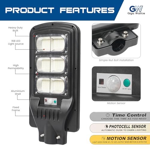 Image of Gigawatts 240 LED 90W Solar Street Light with Remote Control High Power 15Ah Battery Inbuilt 12W Solar Panel IP65 Water Resistant Outdoor Lamp for Wall Pathway Garden and Patio (1Pc, Cool White)