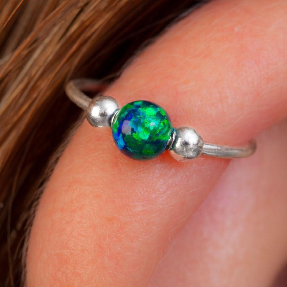 Lugasis FINE JEWELRY Silver Helix Cartilage Piercing - Handmade Sterling Silver Helix Ring with a 3mm Dark Green Opal - 8mm Thin 20 Guage Silver Piercing Hoop - Image 3