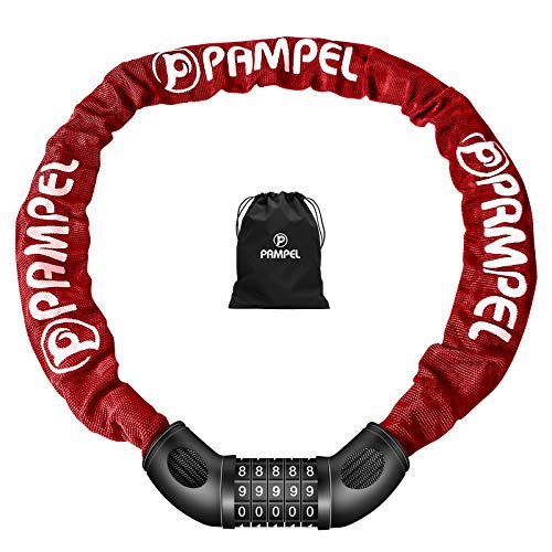 Pampel Candado de Cadena,Candado de Bicicleta para Combinación Antirrobo Código de 5 Dígitos Reajustable 100.000 Códigos con Motos/Scooters/Puertas/Vallas etc（Longitud 100cm,700g,Rojo