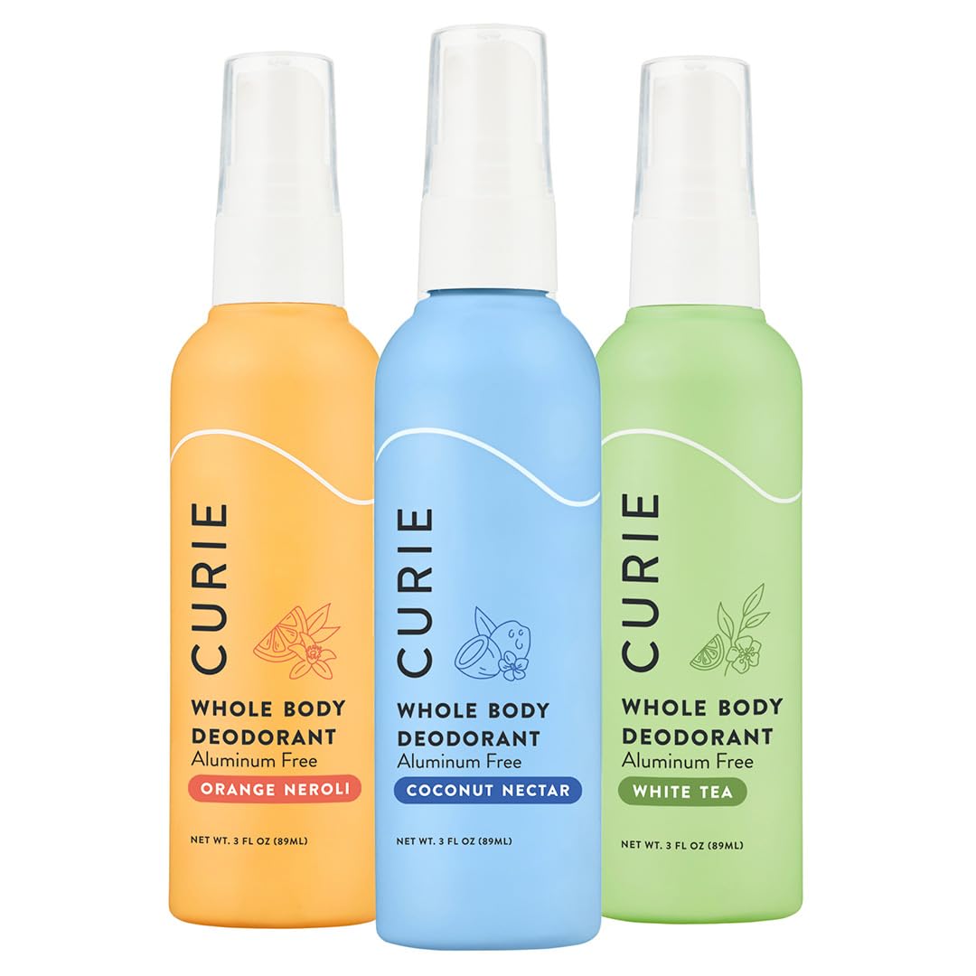 Curie Whole Body Deodorant - OG Spray Variety Pack - Aluminum Free, Natural, Paraben Free, Cruelty Free, Vegan - Coconut Nectar, Orange Neroli, and White Tea (3pk)
