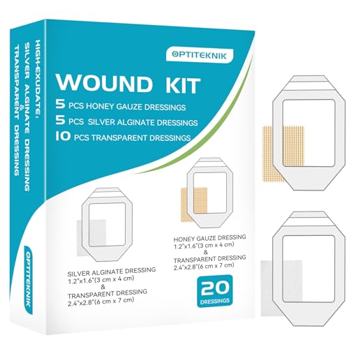 OPTITEKNIK Manuka Honey Gauze Dressing 3x4cm 5pcs Silver Alginate Dressing 3x4cm 5pcs Waterproof Transparent Adhesive Bandage 6x7cm 10pcs Wound Care Kit for Small Burns Cuts and Abrasions