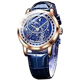 OLEVS Men Watch Starry Sky Dial Universe Milky Way Automatic Wind Up Blue Leather Strap Fashion Dress Waterproof Luminous Watches